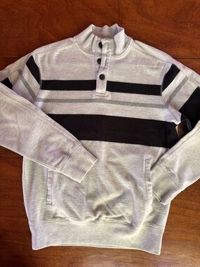 Chaps Gray Stripe Henley Pullover Sweatshirt Mens S Soft Classic Preppy